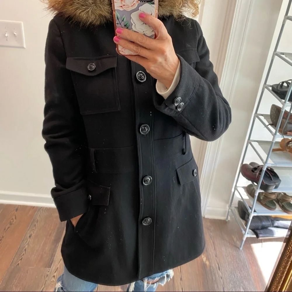 Espirit wool blend black faux fur trim hoodie size large